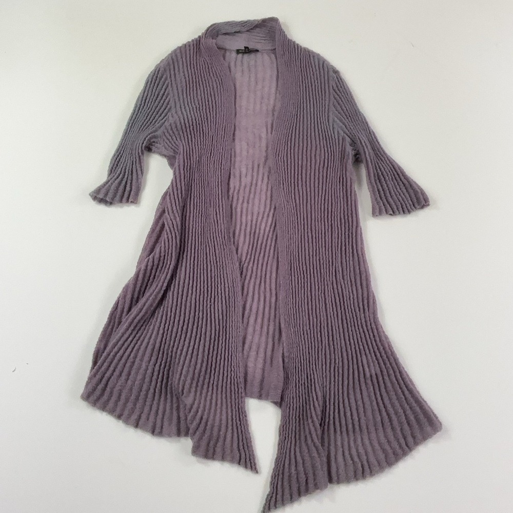Eileen Fisher Cardigan Sweater Womens L Purple Nylon Mohair Open-Knit 3/4 Sleeve